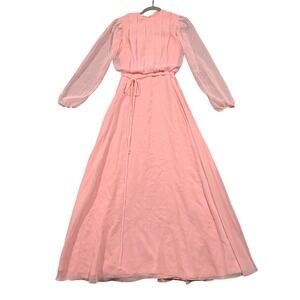 Vintage 70s Pink Chiffon Maxi Dress ILGWU Union Made Sheer Bishop Sleeve Sz 7/8